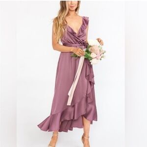 Womens New Show Me Your MuMu Samantha Ruffle Wrap Dress Dusty Plum Luxe Satin